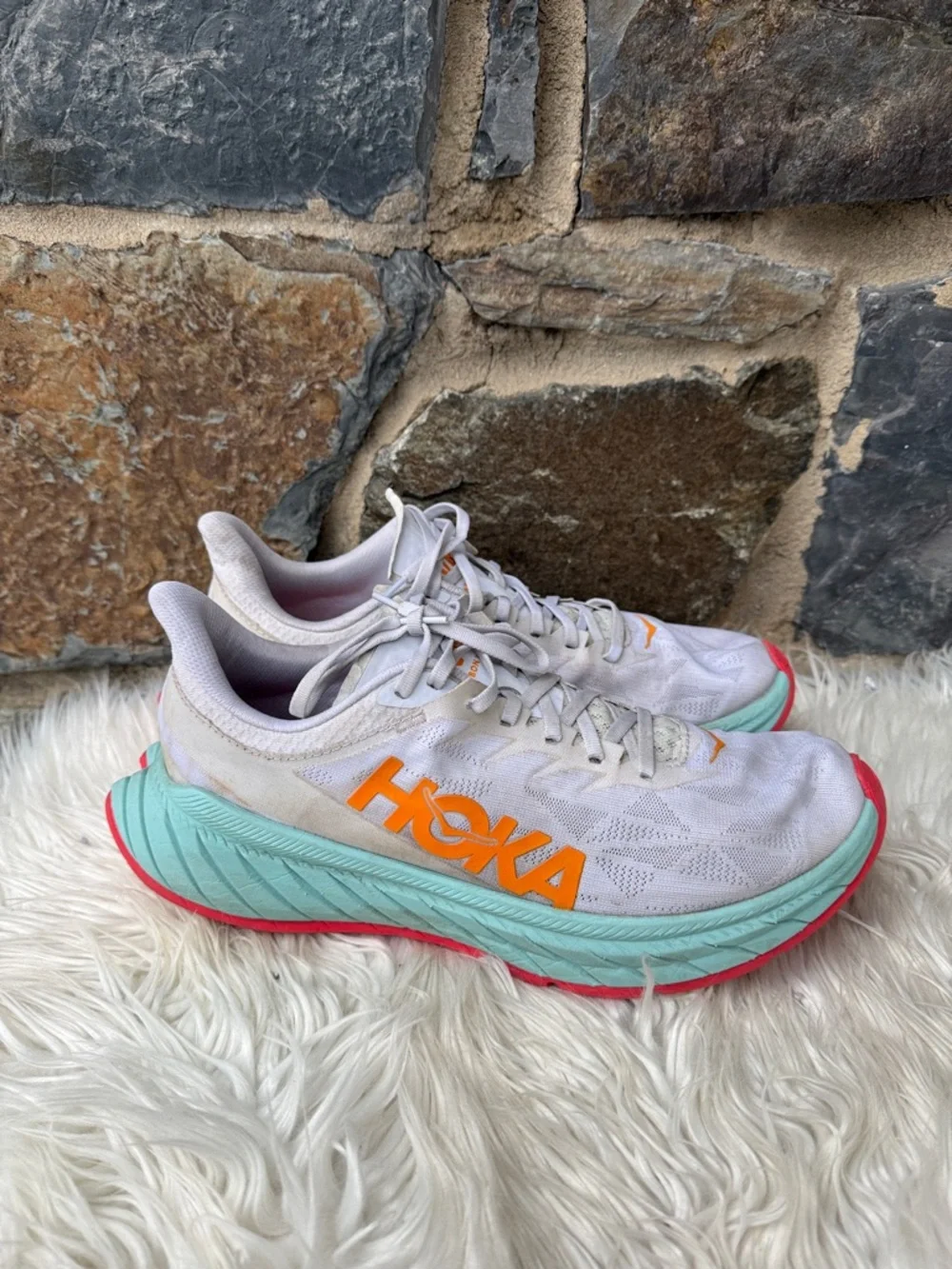 Hoka One One Men's Carbon X 2 Running Sneaker in White Blazing Orange Size 11